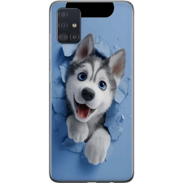 Kompatibel Mobilcover til Samsung Galaxy A51 Sød huskyhvalp med store blå øjne kigger frem gennem en ødelagt væg i en blød 3D-stil, hvilket skaber et