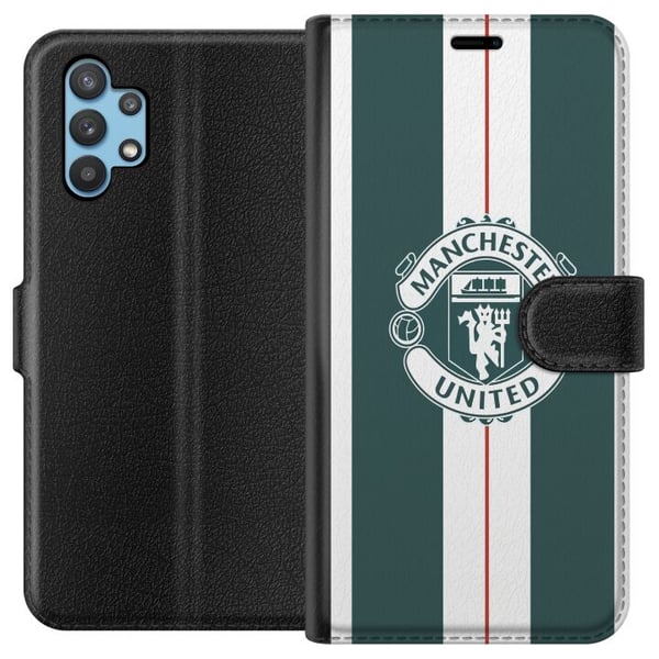 Kompatibelt Plånboksfodral till Samsung Galaxy A32 5G Manchester United logo crest fotboll klubb Premier League Red Devils poster retro vit grön desi