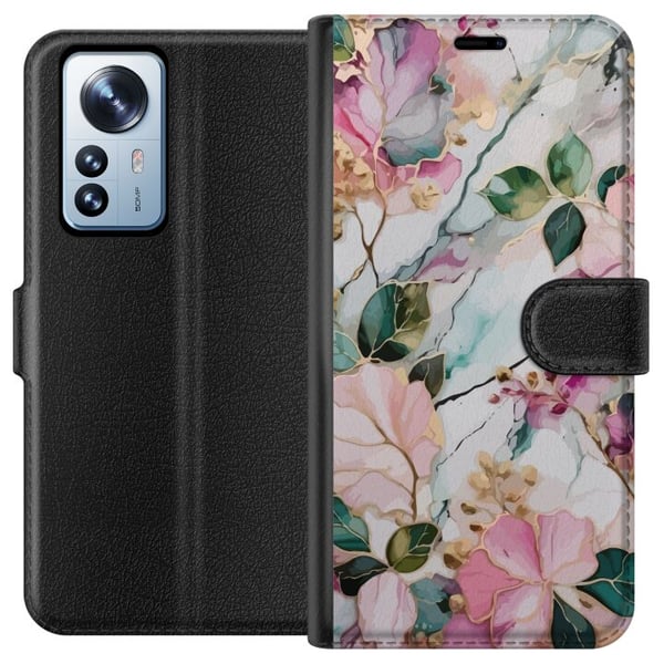 Yhteensopiva Lompakkokotelo Xiaomi 12 Pro Pastellimarmori, jossa on kukkia, lehtiä ja hienovaraisia kultaisia yksityiskohtia pehmeässä sommitelmassa