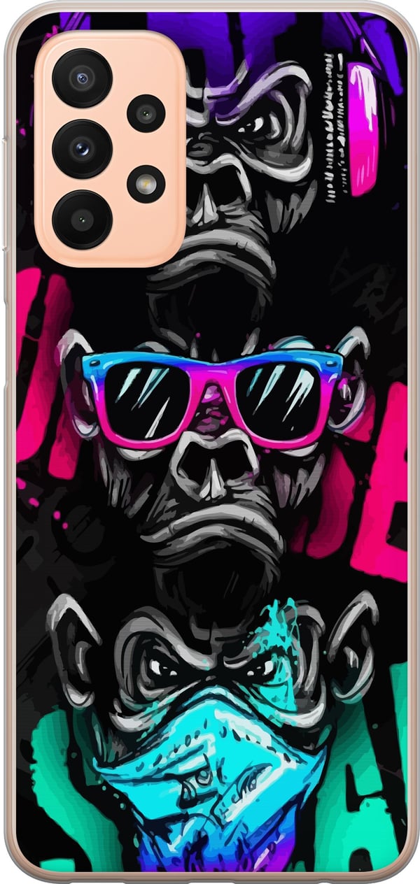 Kompatibel Mobilcover til Samsung Galaxy A23 Tre aber kunst – Graffitiinspireret neonmotiv ser ingenting, hører ingenting, siger ingenting