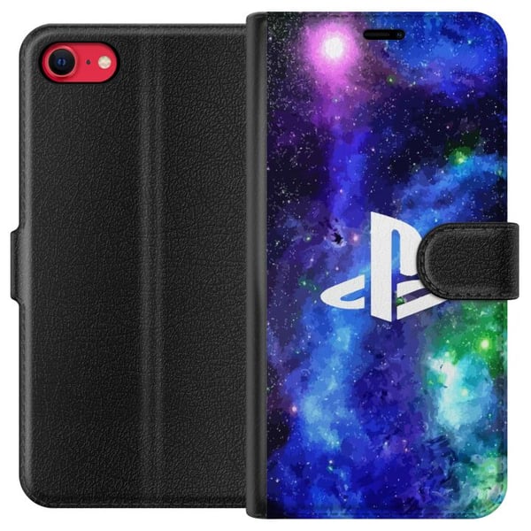 Kompatibelt Lommeboketui til Apple iPhone SE (2022) PlayStation-logo mot galaksebakgrunn kosmisk gamingdesign for gamere og konsollfans