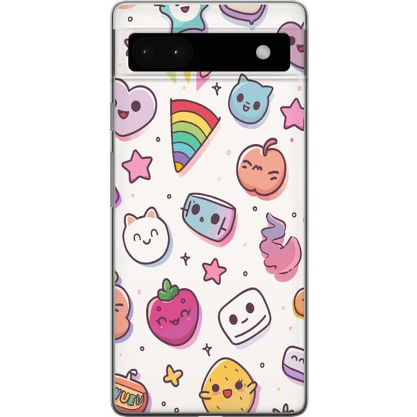 Yhteensopiva Puhelinkuori Google Pixel 6a Kawaii-doodle-kollaasi, jossa on söpöjä hahmoja, hedelmiä, tähtiä, sydämiä, pastellivärejä ja leikkisää sar