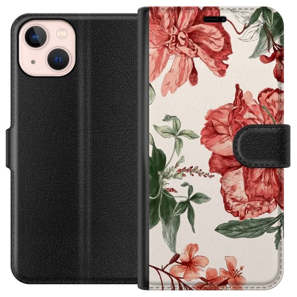 Kompatibelt Plånboksfodral till Apple iPhone 13 mini Röda blommor botaniskt motiv med gröna blad elegant stil för dig som gillar naturens färger