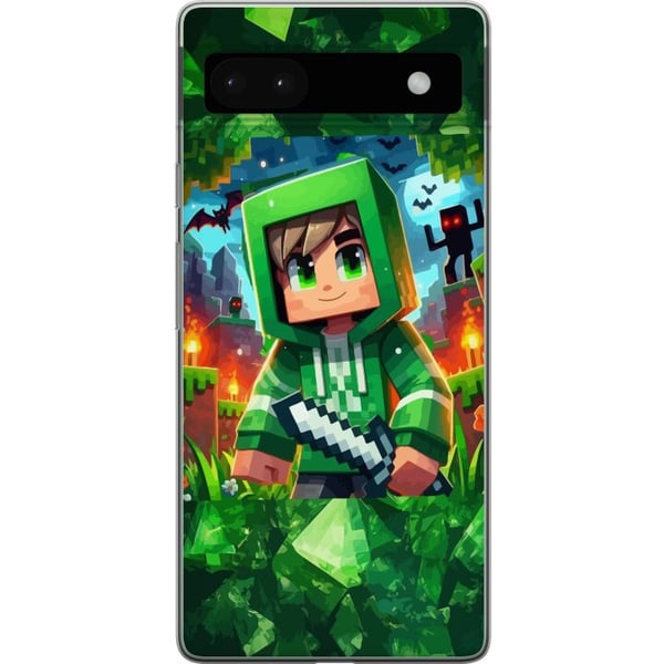 Yhteensopiva Puhelinkuori Google Pixel 6a Minecraft-pelaajapoika vihreässä hupparissa – piirretty Minecraft-poika, jolla on miekka, pikseleitä ja sei