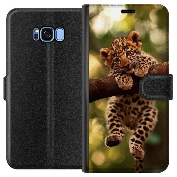 Kompatibelt Plånboksfodral till Samsung Galaxy S8 Leopardunge på gren med stora ögon naturinspirerat djungelmotiv detaljrikt och charmigt i varm mjuk Kompatibelt Plånboksfodral till Samsung Galaxy S8 Leopardunge på gren med stora ögon naturinspirerat djungelmotiv detaljrikt och charmigt i varm mjuk