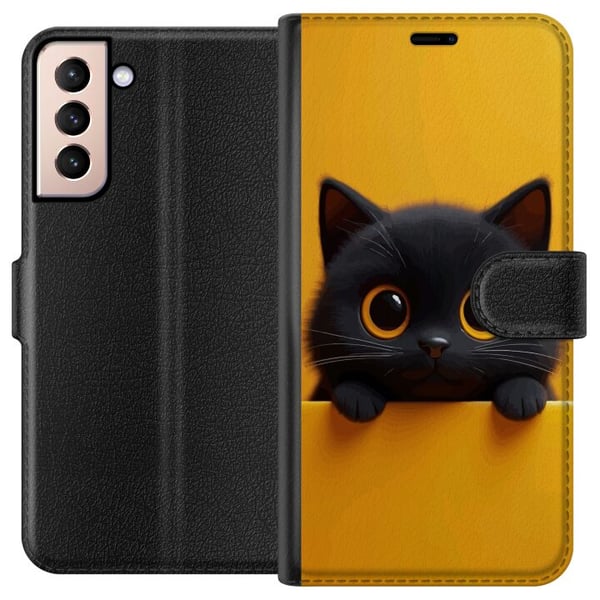 Kompatibelt Lommeboketui til Samsung Galaxy S21 Søt svart katt med store øyne på gul bakgrunn – minimalistisk dyreillustrasjon med varme farger og my