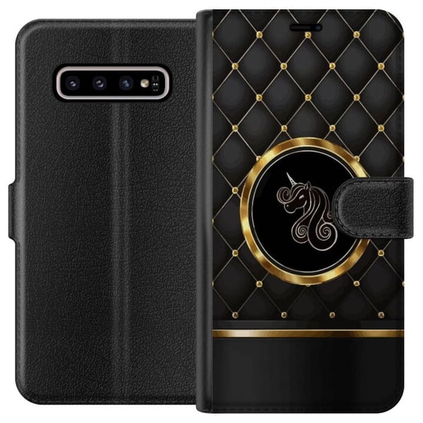 Kompatibelt Plånboksfodral till Samsung Galaxy S10+ Emblem med enhörning i svart och gyllene kontrast