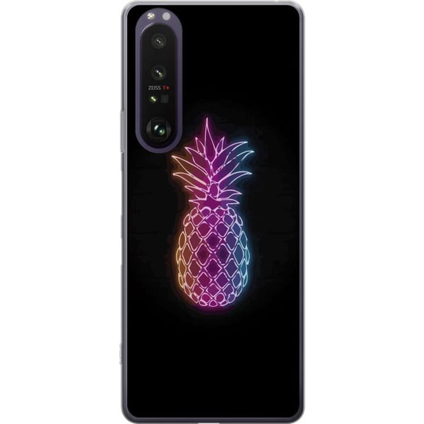 Kompatibel Mobilcover til Sony Xperia 1 III Neonillustration af ananas i farverigt lys mod sort baggrund i legende design
