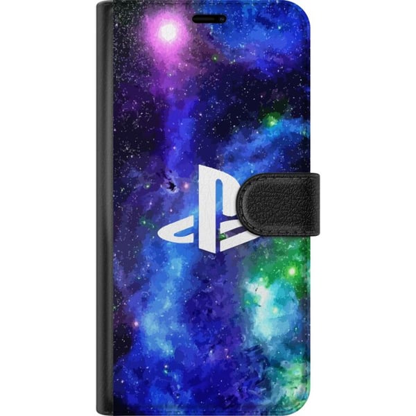 Kompatibelt Lommeboketui til Apple iPhone 13 Pro PlayStation-logo mot galaksebakgrunn kosmisk gamingdesign for gamere og konsollfans