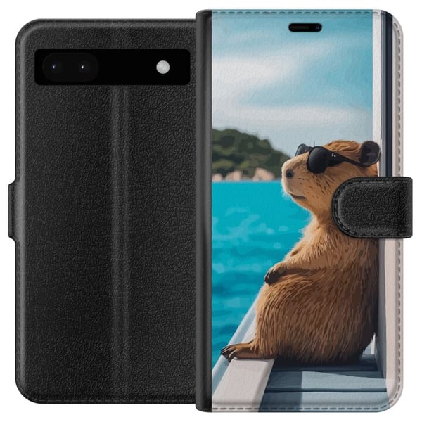 Yhteensopiva Lompakkokotelo Google Pixel 6a Kapybara meren rannalla aurinkolasit päässä, humoristinen ja viehättävä design rennolla lomatunnelmalla