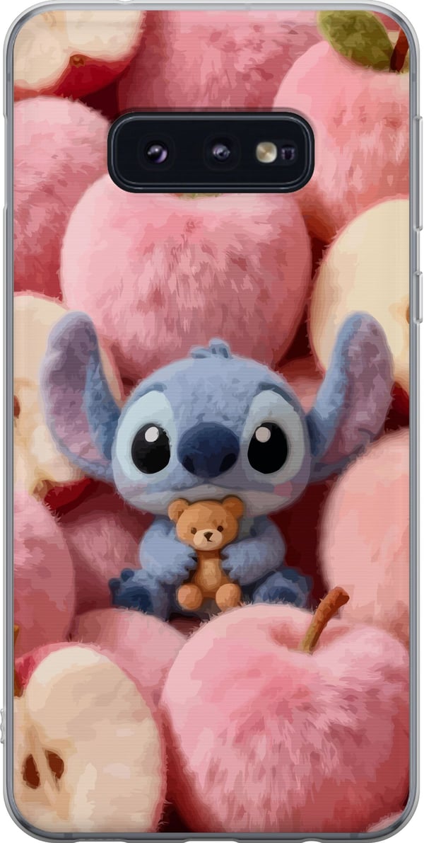 Yhteensopiva Puhelinkuori Samsung Galaxy S10e Stitch pörröisissä vaaleanpunaisissa omenoissa pienen nallekarhun kanssa hurmaavassa kawaii-estetiikass