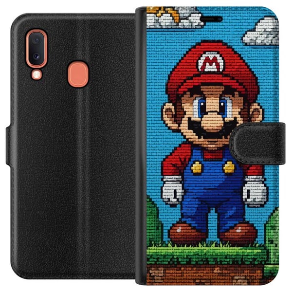Kompatibelt Plånboksfodral till Samsung Galaxy A20e Nintendo Super Mario poster retro gaming 8bit pixel art spel classic game hero mural design figur