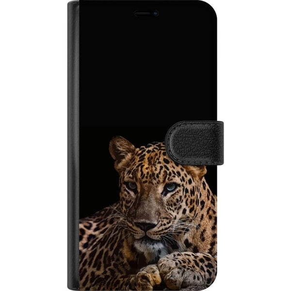 Kompatibel Tegnebogsetui til Samsung Galaxy S23+ Stilren leopard i mørk kontrast med intense øjne – kraftfuldt og elegant dyredesign.