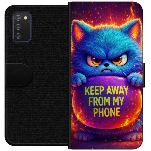 Kompatibelt Lommeboketui til Samsung Galaxy A03s Sint, lodden blå katt med teksten Keep Away From My Phone i neonfarger og flamlignende effekter, hum