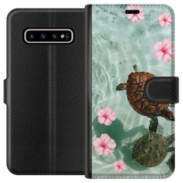 Kompatibelt Plånboksfodral till Samsung Galaxy S10+ Sköldpaddor och hibiskus tropisk design med blommor och vatten lugn semesterkänsla inspirerad av