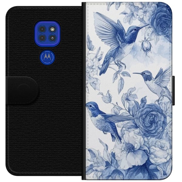 Kompatibel Tegnebogsetui til Motorola Moto G9 Play Blåt mønster med fugle og blomster retro