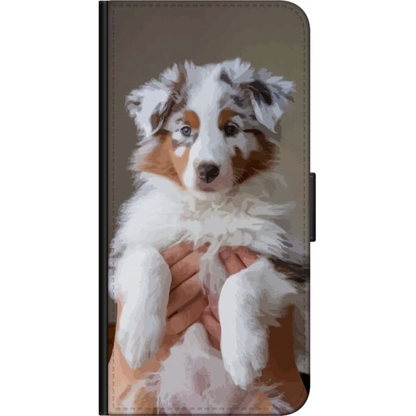 Kompatibel Tegnebogsetui til Motorola Moto G9 Play Hvalpeillustration – Sød, fluffy hvalp i portrætdesign med blå øjne