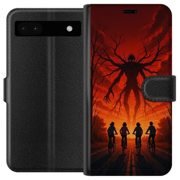 Yhteensopiva Lompakkokotelo Google Pixel 6a Tumma Stranger Things -henkinen kauhuillustratsioon, jossa on punainen taivas, uhkaava hirviö ja pyöräile
