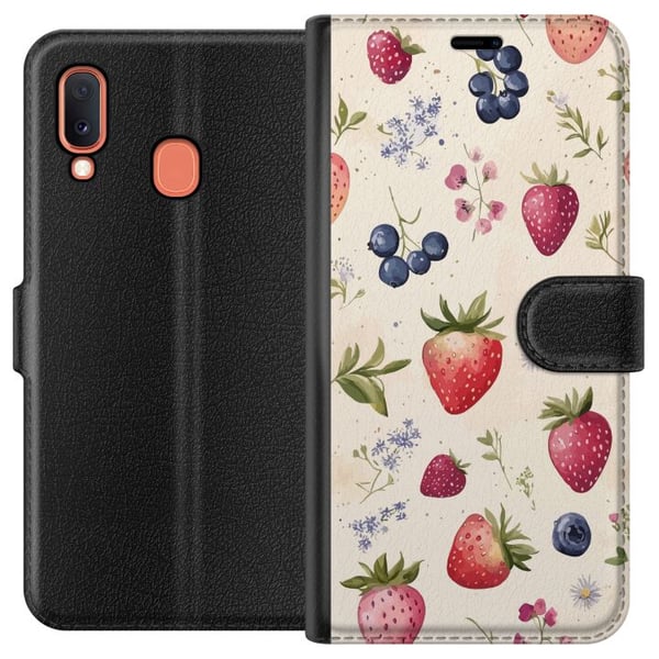Kompatibelt Lommeboketui til Samsung Galaxy A20e Sommerlig bærmønster med jordbær, blåbær og blomster i akvarell – trendy og frisk design som passer Kompatibelt Lommeboketui til Samsung Galaxy A20e Sommerlig bærmønster med jordbær, blåbær og blomster i akvarell – trendy og frisk design som passer