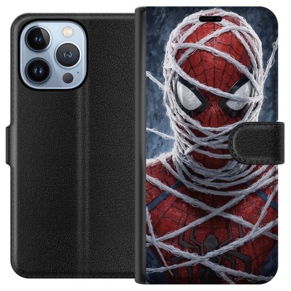 Kompatibelt Lommeboketui til Apple iPhone 13 Pro Spider-Man dekket av tette lag med nett i et dramatisk nærbilde som fremhever maskens struktur, inte
