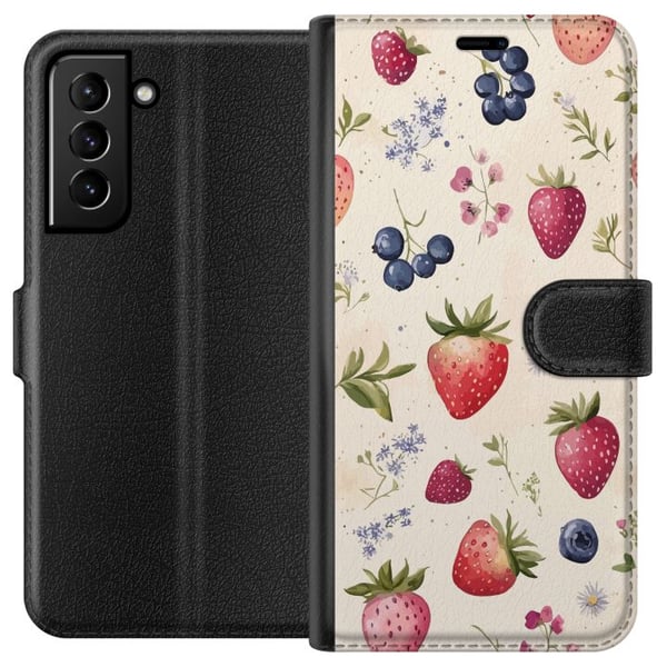 Kompatibelt Lommeboketui til Samsung Galaxy S21+ 5G Sommerlig bærmønster med jordbær, blåbær og blomster i akvarell – trendy og frisk design som pass Kompatibelt Lommeboketui til Samsung Galaxy S21+ 5G Sommerlig bærmønster med jordbær, blåbær og blomster i akvarell – trendy og frisk design som pass