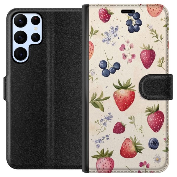 Yhteensopiva Lompakkokotelo Samsung Galaxy S22 Ultra 5G Kesäinen marjakuvio mansikoilla, mustikoilla ja akvarellikukilla – trendikäs ja raikas design
