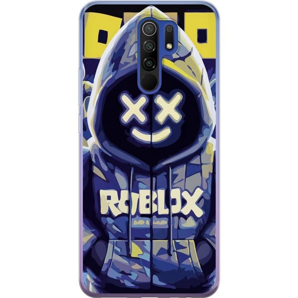 Kompatibel Mobilcover til Xiaomi Redmi 9 Blå-gul Roblox-inspireret hoodie-figur med maske og minimalistisk neonstil, stilren spilillustration til gam