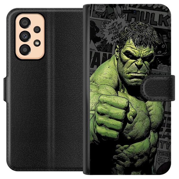 Yhteensopiva Lompakkokotelo Samsung Galaxy A33 5G Hulk-aihe sarjakuvatyyliin, voimakas design vihreän sävyillä Marvelin ja supersankarien faneille