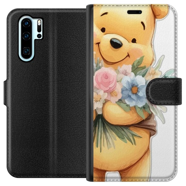 Yhteensopiva Lompakkokotelo Huawei P30 Pro Nalle Puh kukkien kanssa - klassinen lasten suosikki kukkivassa keväisympäristössä