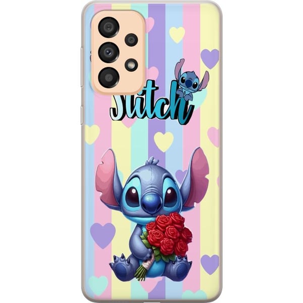 Yhteensopiva Puhelinkuori Samsung Galaxy A33 5G Stitch ruusujen kanssa romanttisessa piirroskuvatyylissä raidallista taustaa vasten