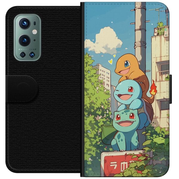 Kompatibel Tegnebogsetui til OnePlus 9 Pro City Trio tre glade små figurer i bymiljø med blå himmel og grønne træer, charmerende illustration