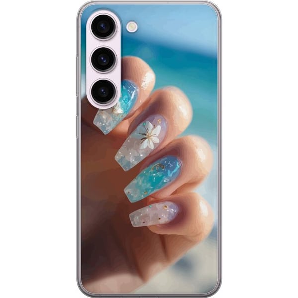 Kompatibel Mobilcover til Samsung Galaxy S23 Negledesignillustration – Blå glitter med blomst, havinspireret motiv Kompatibel Mobilcover til Samsung Galaxy S23 Negledesignillustration – Blå glitter med blomst, havinspireret motiv