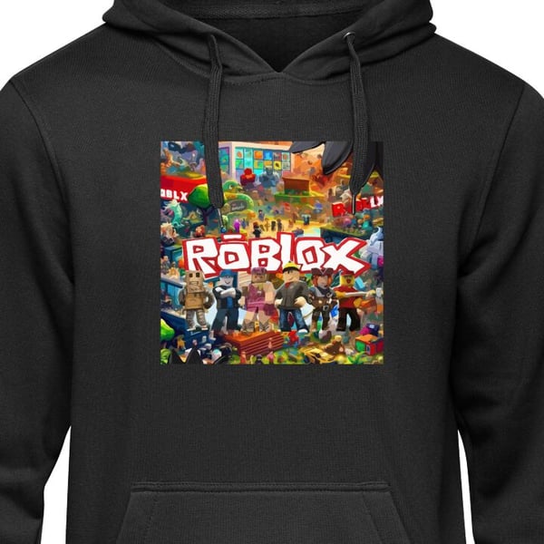 Barnehettegenser Roblox spillverden med populære karakterer, fargerike miljøer og eventyr - perfekt for barn og ungdom som elsker spillet. Svart 7-8