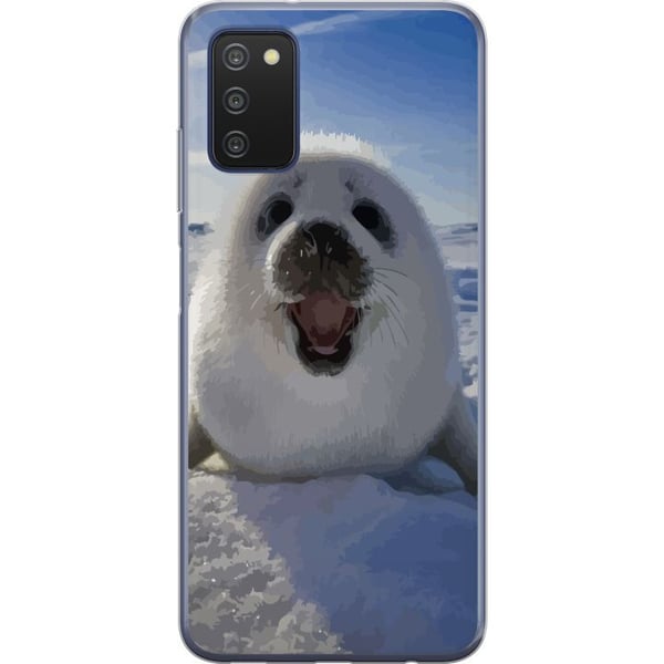 Kompatibelt Mobildeksel til Samsung Galaxy A03s Selunge i snøen med et stort smil og myk, rund form, søtt vintermotiv med arktisk preg, perfekt for d