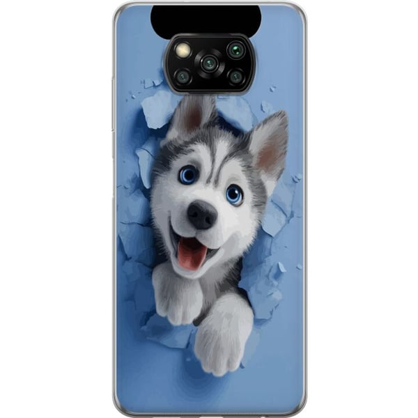 Kompatibel Mobilcover til Xiaomi Poco X3 NFC Sød huskyhvalp med store blå øjne kigger frem gennem en ødelagt væg i en blød 3D-stil, hvilket skaber et