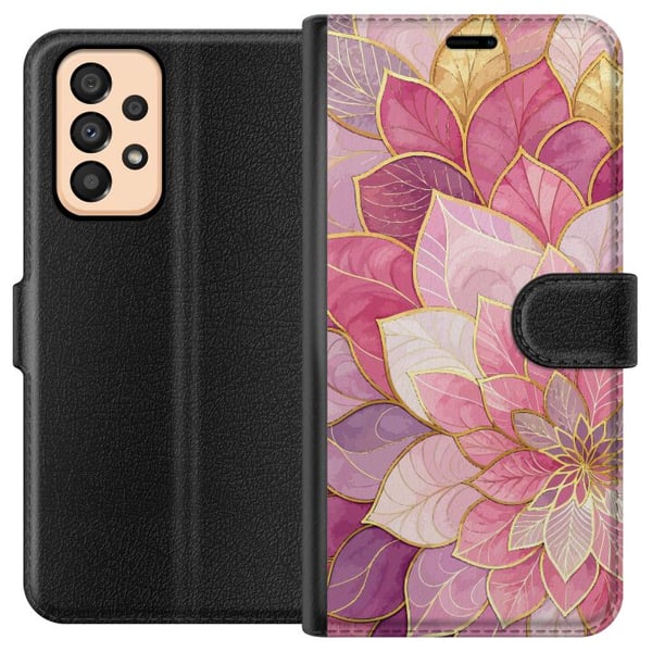 Kompatibel Tegnebogsetui til Samsung Galaxy A33 5G Blomstermandala – Rosa og lilla mønster med gyldne detaljer illustration