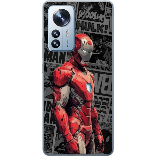Kompatibelt Mobilskal till Xiaomi 12 Pro Iron Man illustration i röd rustning med serietidningsbakgrund kraftfullt motiv för filmfans