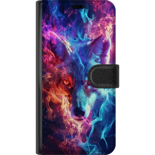 Kompatibelt Plånboksfodral till Samsung Galaxy S20+ Intensiv varg med blå och orange eld runt ansiktet i kraftfull fantasyillustration