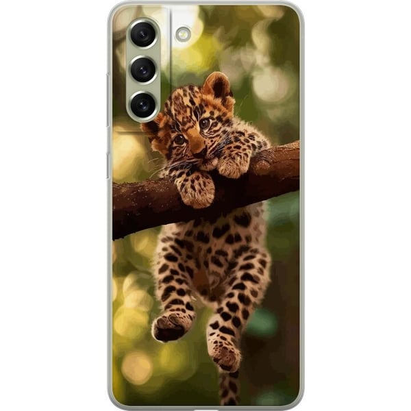 Kompatibel Mobilcover til Samsung Galaxy S21 FE 5G Leopardunge på gren med store øjne naturinspireret junglemotiv detaljerigt og charmerende i varm b