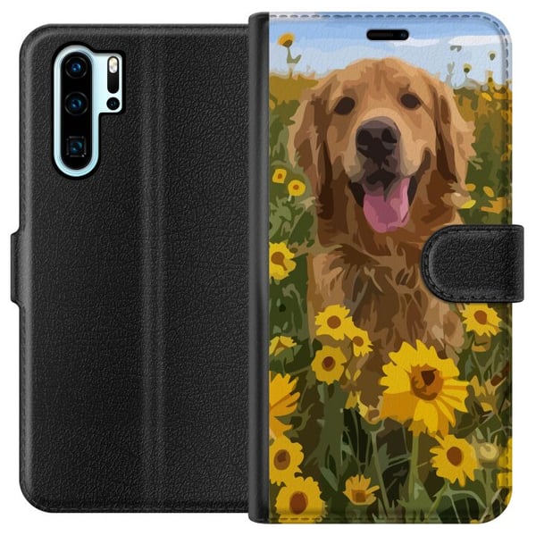 Yhteensopiva Lompakkokotelo Huawei P30 Pro Golden Retriever Solrosfält Hundmotiv Natur Sommar Design