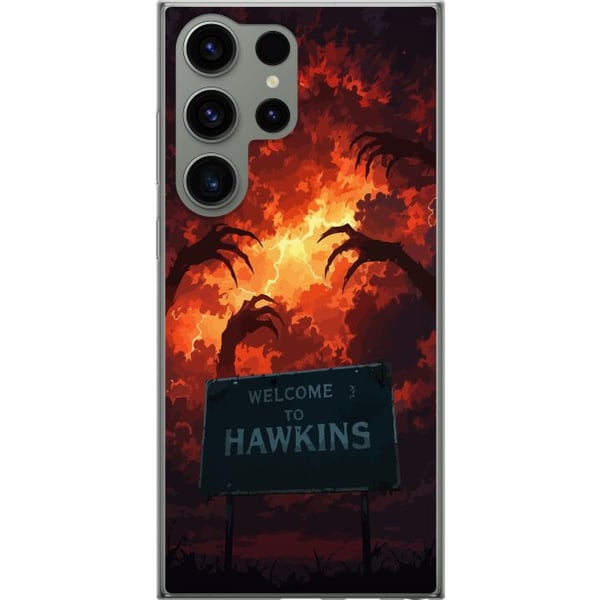 Kompatibel Mobilcover til Samsung Galaxy S23 Ultra Apokalyptisk scene med brændende himmel og Hawkins-skilt i Stranger Things-stemning Kompatibel Mobilcover til Samsung Galaxy S23 Ultra Apokalyptisk scene med brændende himmel og Hawkins-skilt i Stranger Things-stemning