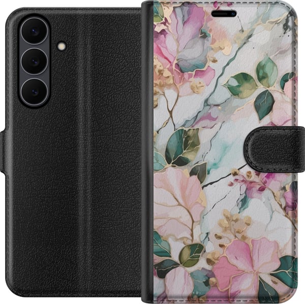 Kompatibelt Lommeboketui til Samsung Galaxy S25 FE Pastellmarmor med blomster, blader og subtile gylne detaljer i en myk komposisjon