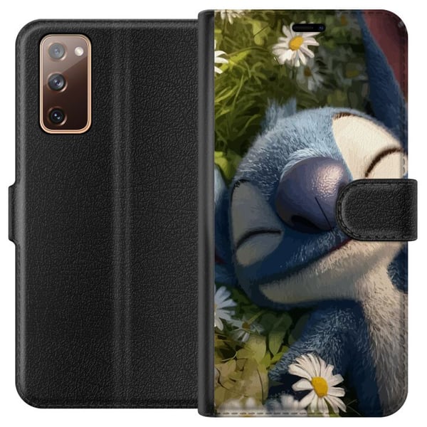 Kompatibelt Plånboksfodral till Samsung Galaxy S20 FE Stitch som somnar i äng av prästkragar där mjukt ljus och naturens lugn skapar varm avkopplande