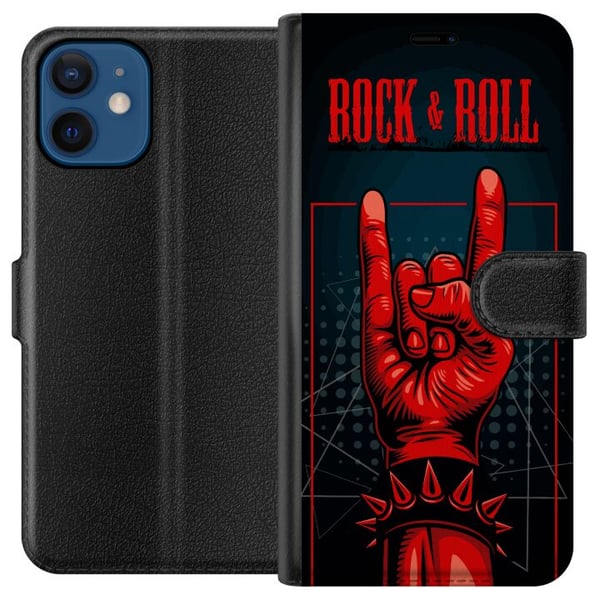 Kompatibel Tegnebogsetui til Apple iPhone 12 mini Rock & Roll-design – Rødt og sort motiv med klassisk hardrocktema