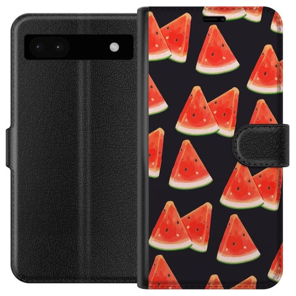 Yhteensopiva Lompakkokotelo Google Pixel 6a Vesimeloni-kesäkuvio – raikas vesimelonidesign, jossa on punaisia hedelmäviipaleita tummalla taustalla