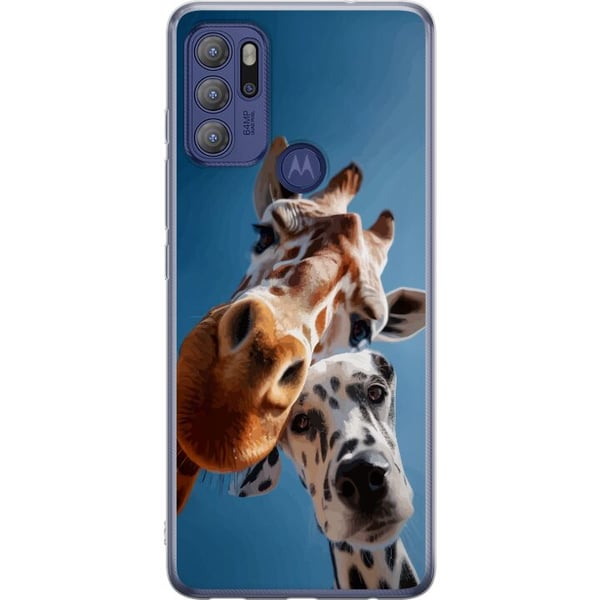 Kompatibel Mobilcover til Motorola Moto G60S Giraffe dalmatiner duo-motiv med sjovt nærbillede af en giraffe og en dalmatiner i solrigt perspektiv