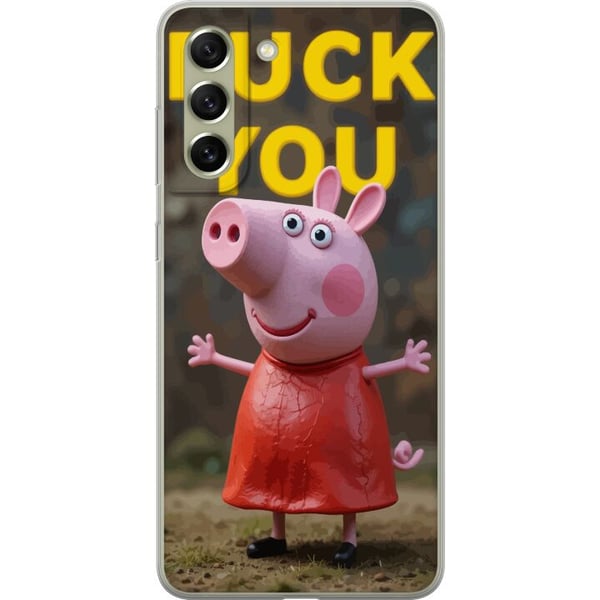 Kompatibel Mobilcover til Samsung Galaxy S21 FE 5G Sød tegnet grisefigur, der ligner Peppa Pig, i pink med trodsig positur og tydelig tekst i gult, h