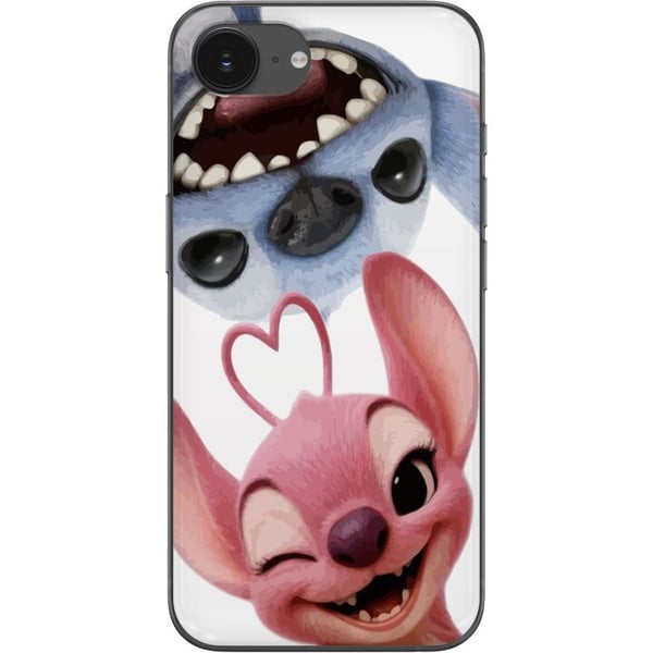 Kompatibelt Mobildeksel til Apple iPhone 16e Lekekåte Stitch og Angel i nærbilde med store latter og hjerteformede detaljer som skaper sjarmerende kj