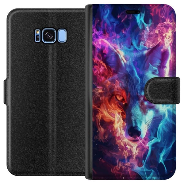 Kompatibelt Plånboksfodral till Samsung Galaxy S8 Intensiv varg med blå och orange eld runt ansiktet i kraftfull fantasyillustration Kompatibelt Plånboksfodral till Samsung Galaxy S8 Intensiv varg med blå och orange eld runt ansiktet i kraftfull fantasyillustration