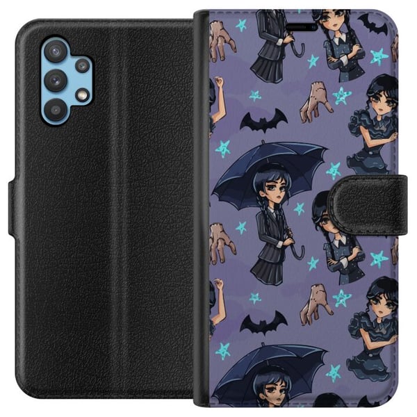 Kompatibelt Plånboksfodral till Samsung Galaxy A32 5G Wednesday Addams cartoon poster gothic Netflix serie bats hand Thing purple background cute des